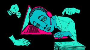 Illustration of a blue person wearing a headset and a shirt, his face is on his laptop. There are three hands in the air: one tapping his back, one on his desk and one showing a watch