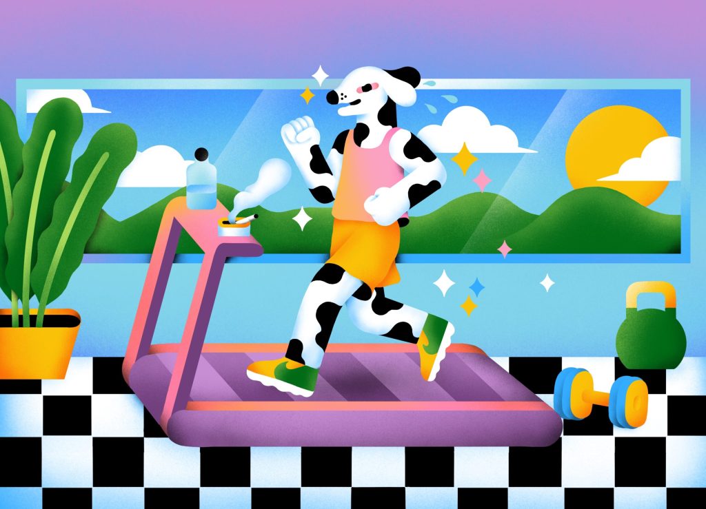 illustration of a dog running on a treadmill while high on cannabis