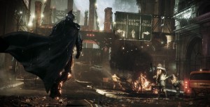 Batman walking through the streets in Arkham Knight.