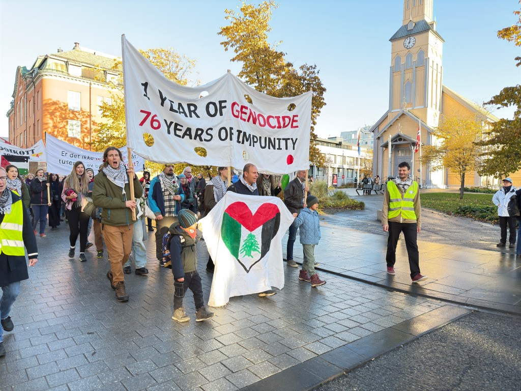 Protesters walk through the centre of Tromsø in Norway, calling for an end of the attacks on Palestine. Photo by Frank L'Opez