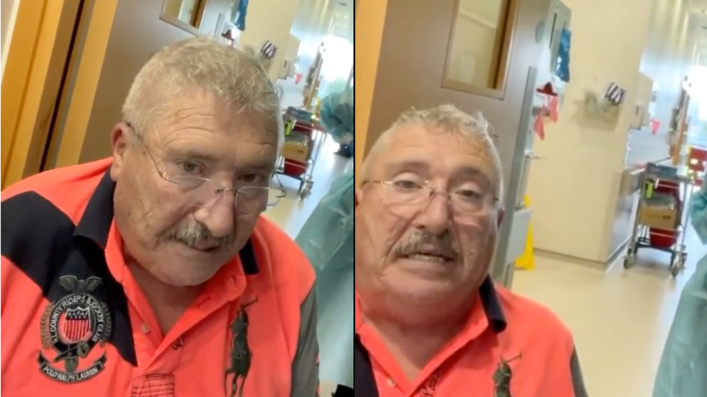 Joe McCarron sitting in a wheelchair in a corridor of Letterkenny University Hospital in County Donegal, Ireland on Sept. 14, 2021.