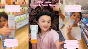 A collage of three screenshots from Tiktok showing three different little girls holding drunk elephant beauty products.