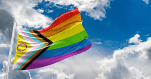 The flag includes black and brown stripes to represent marginalized LGBTQ+ communities of color